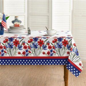 4th of July Tablecloth 52 x 70 Inch, Patriotic Watercolor Poppy Flowers